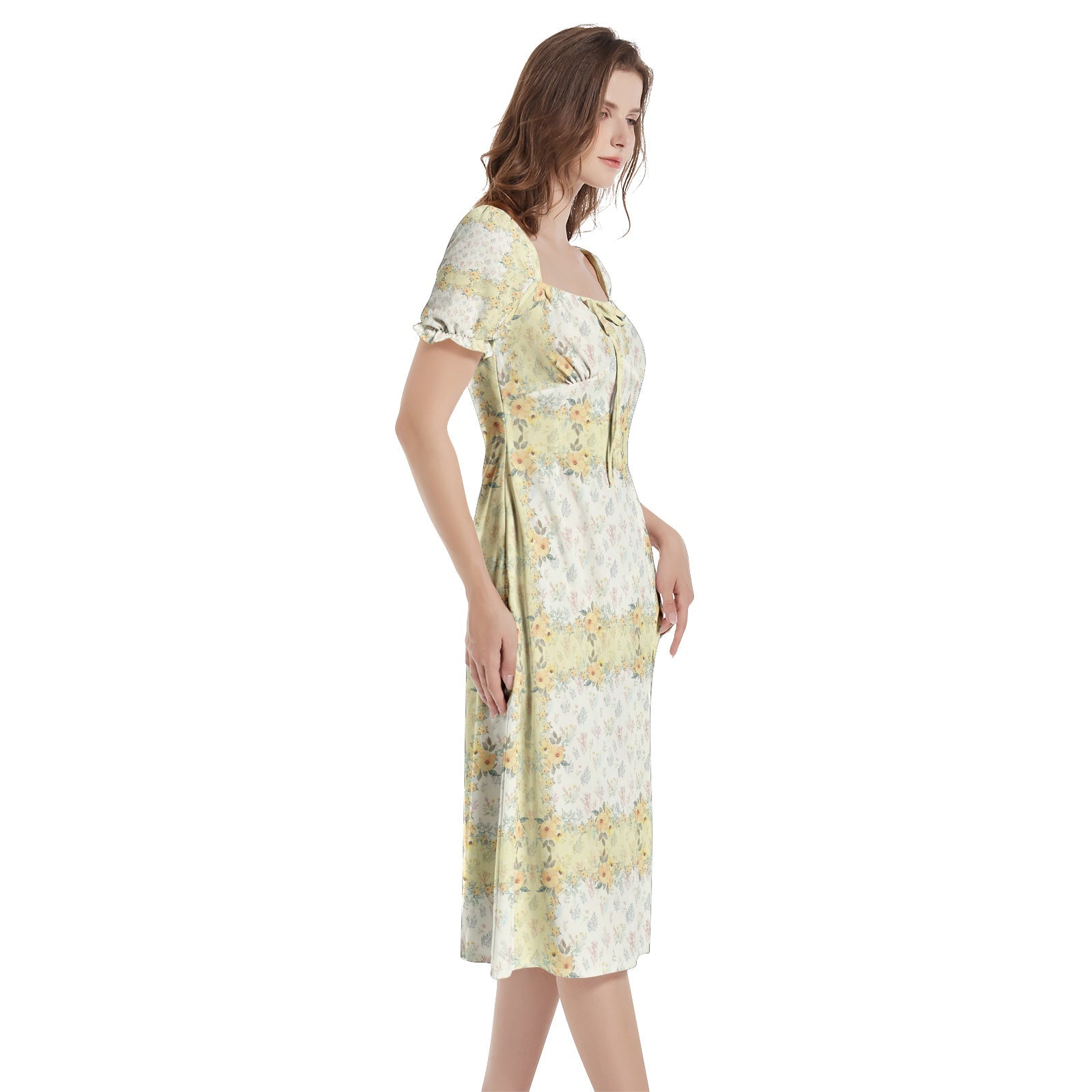 Invisible Ghost Puff Sleeve Split Thigh Midi Dress