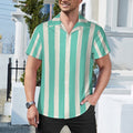 Cool Dad Collection: Men’s Teal Striped Short Sleeve Button Down Shirt with Cuban Collar
