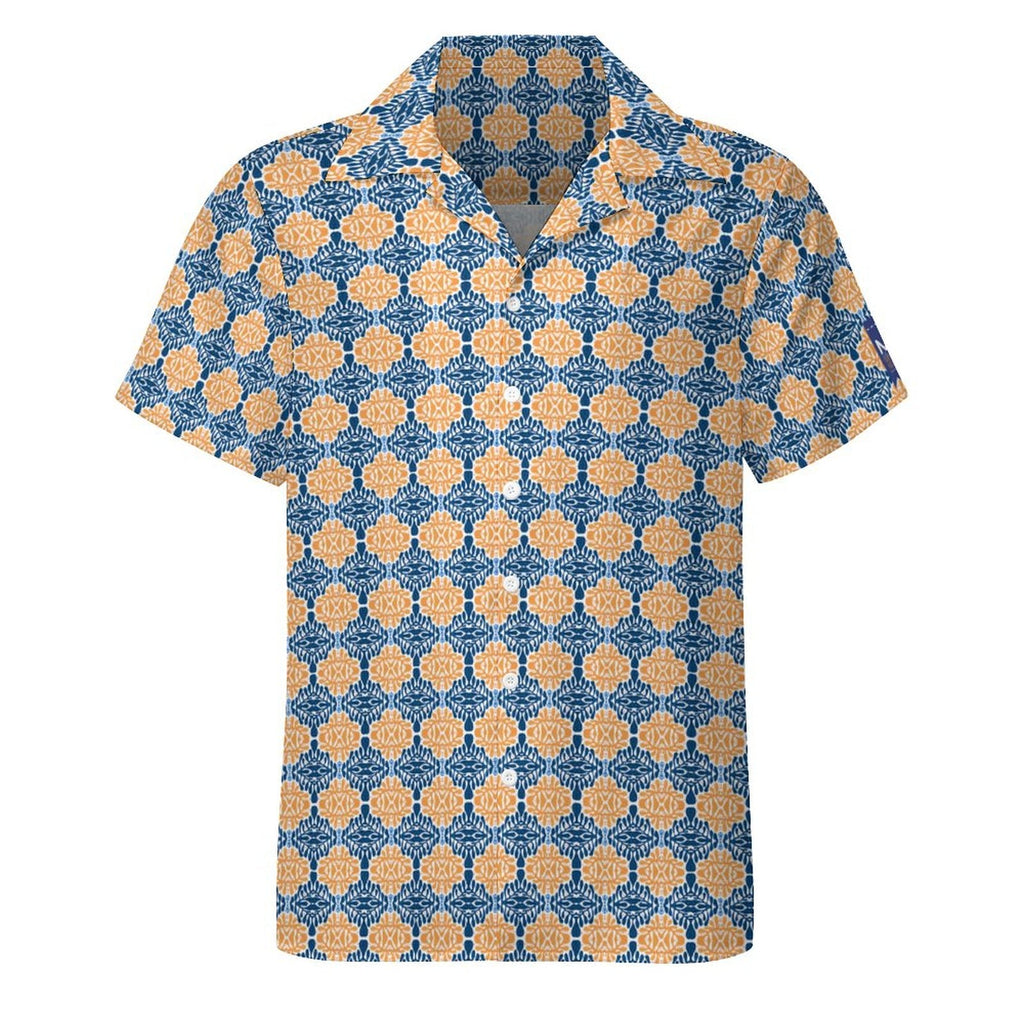 Cool Dad Collection: Men's Blue and Orange Patterned Short Sleeve Button Down Shirt with Cuban Collar
