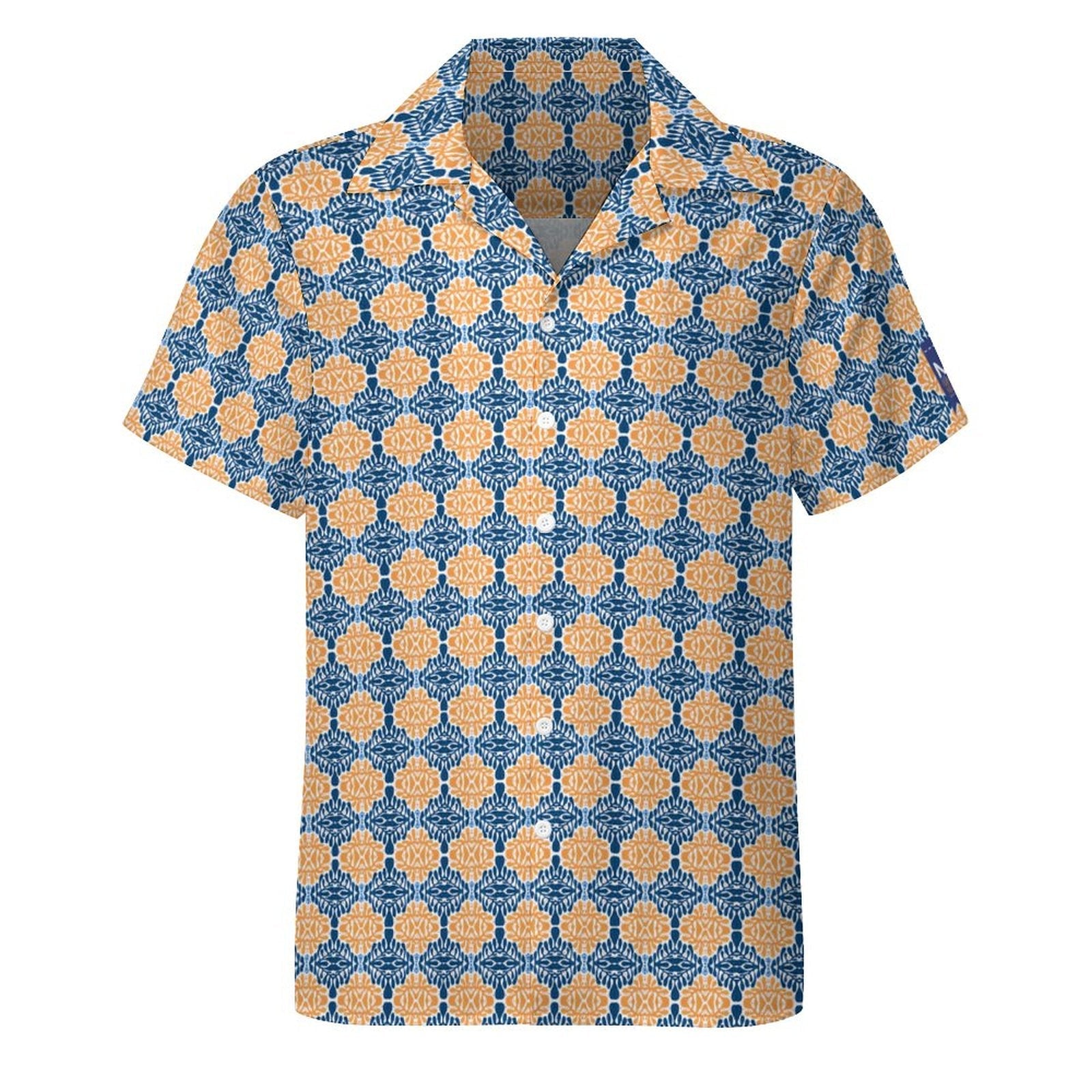 Cool Dad Collection: Men's Blue and Orange Patterned Short Sleeve Button Down Shirt with Cuban Collar