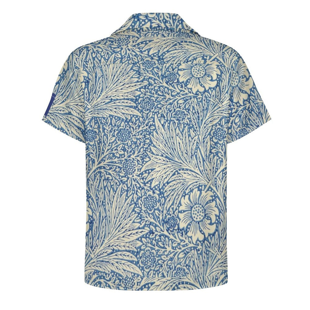 Cool Dad Collection: Men’s Blue Floral Short Sleeve Button Down Shirt with Cuban Collar
