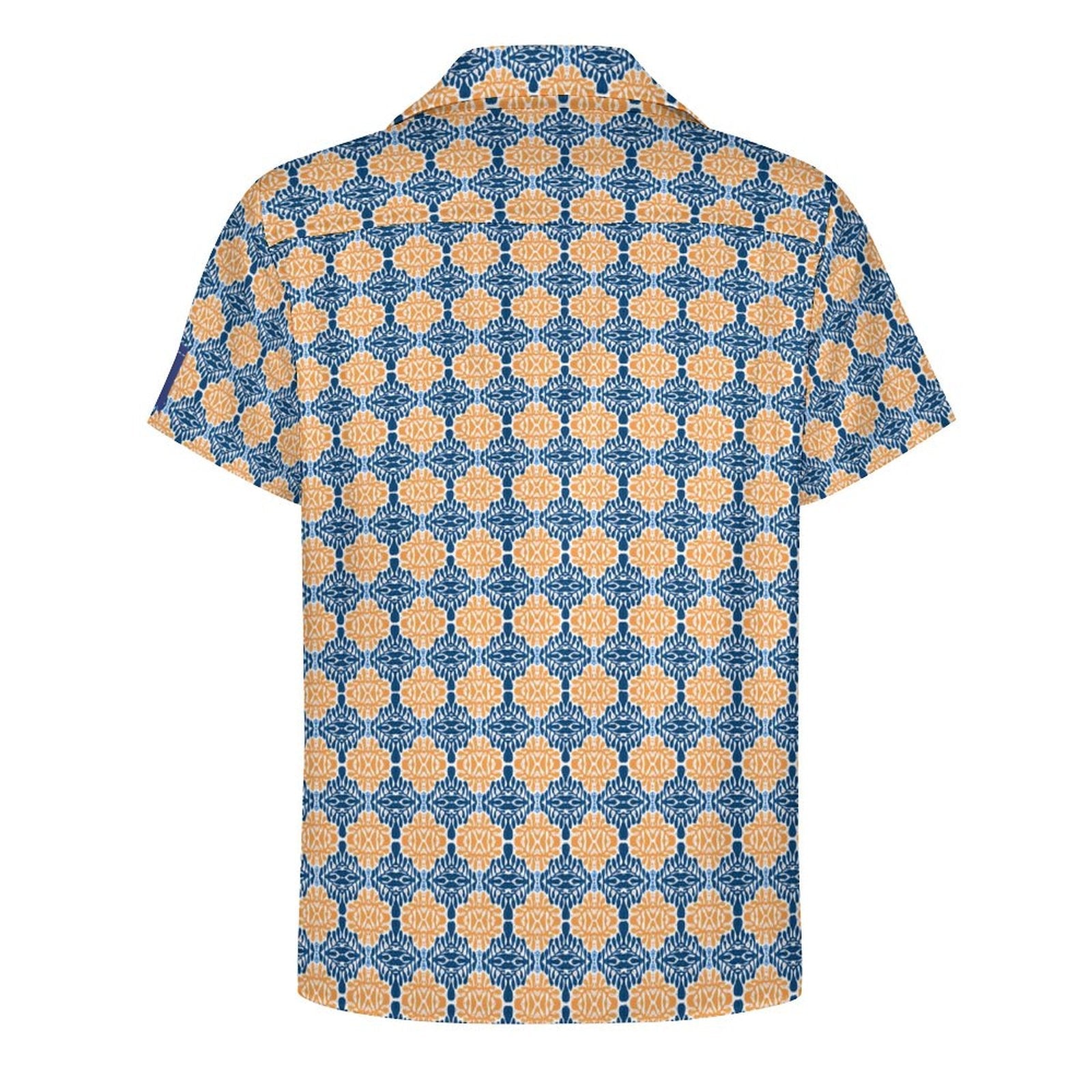 Cool Dad Collection: Men's Blue and Orange Patterned Short Sleeve Button Down Shirt with Cuban Collar