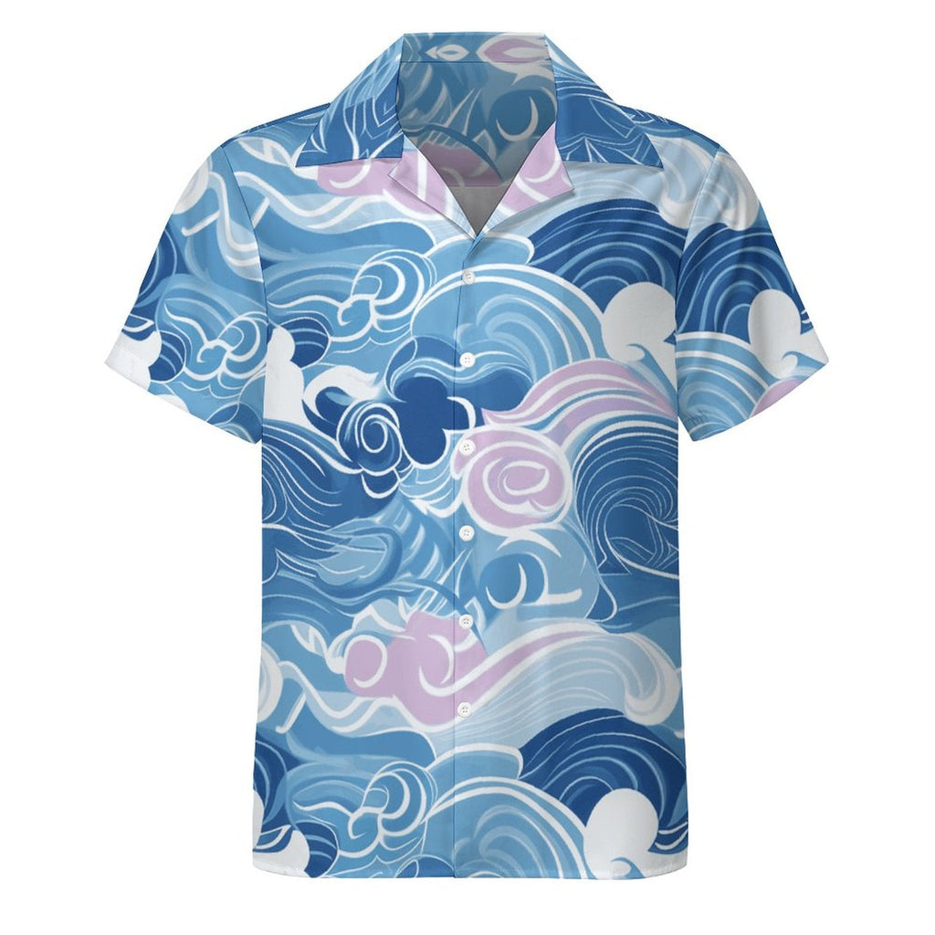 Cool Dad Collection: Men’s Blue Waves Short Sleeve Button Down Shirt with Cuban Collar