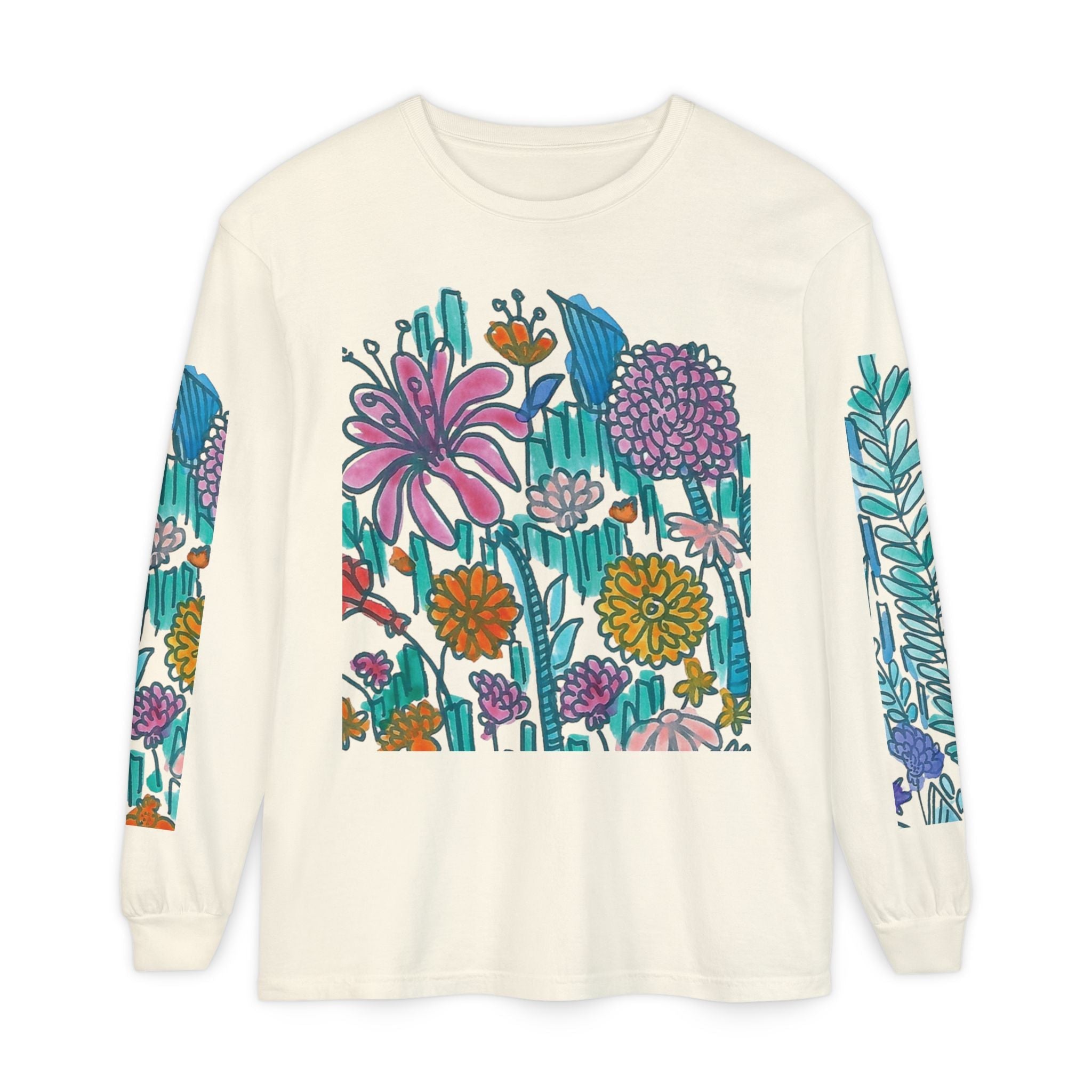 Floral Garden Long Sleeve Shirt — Colorful Botanical Sleeve & Chest Print