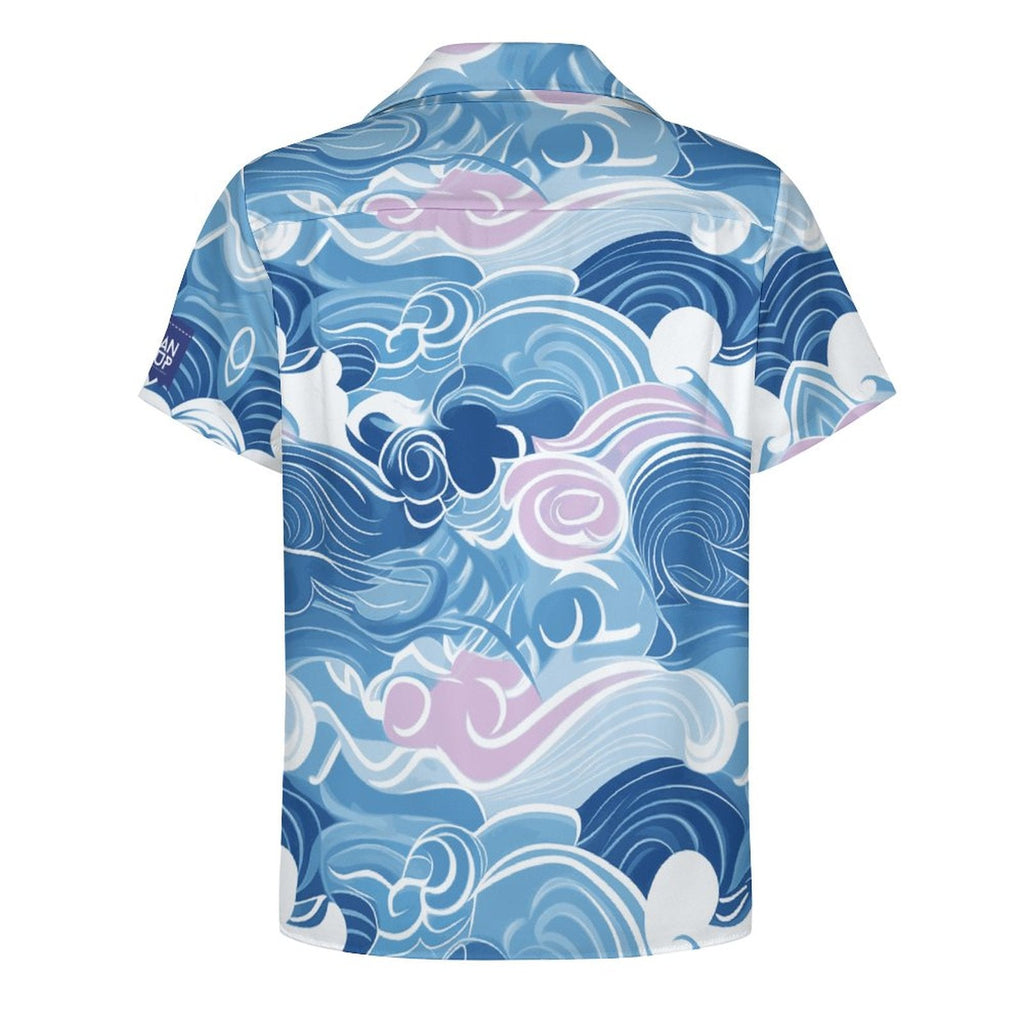 Cool Dad Collection: Men’s Blue Waves Short Sleeve Button Down Shirt with Cuban Collar