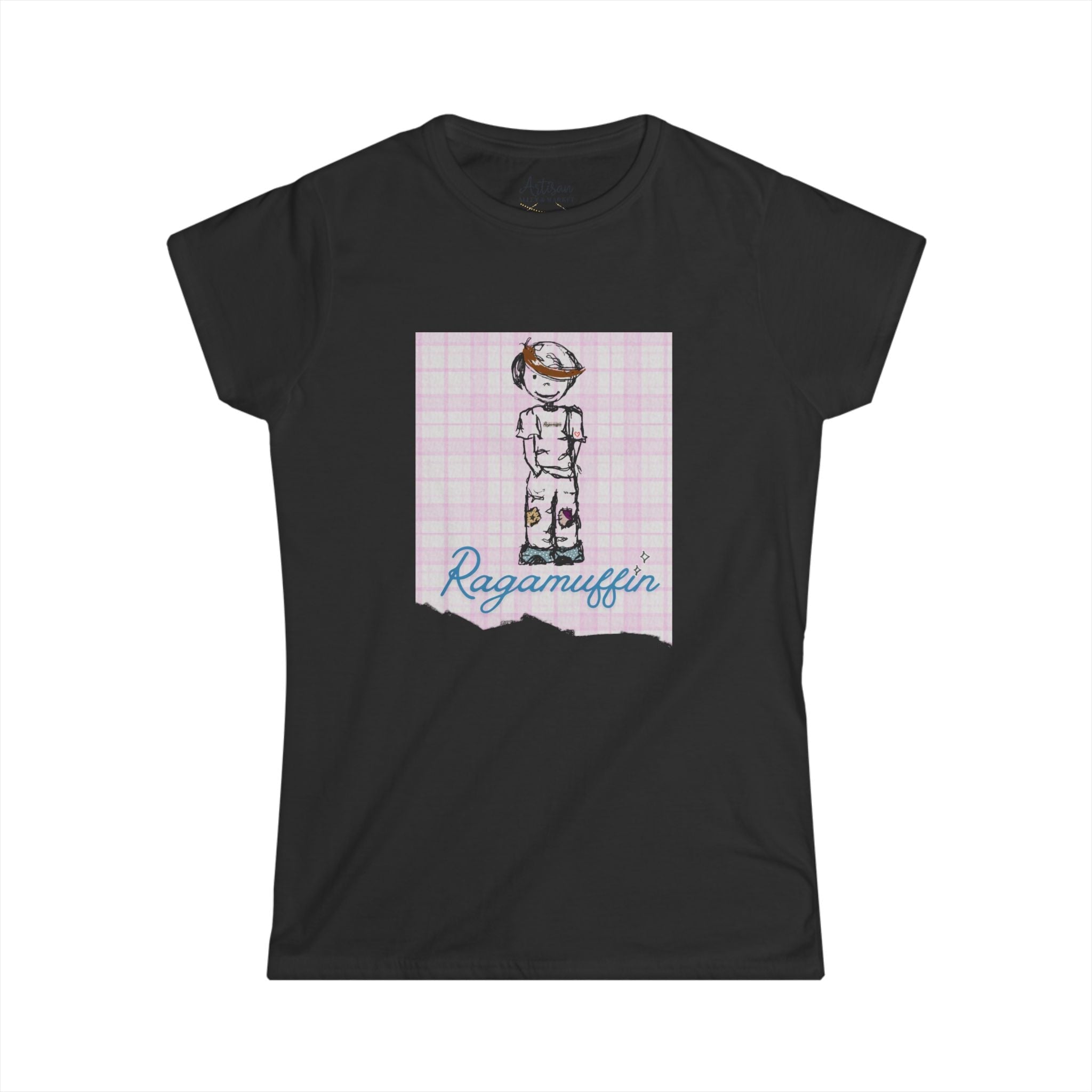 Ragamuffin Graphic Tee — Vintage Kid Illustration on Pink Plaid