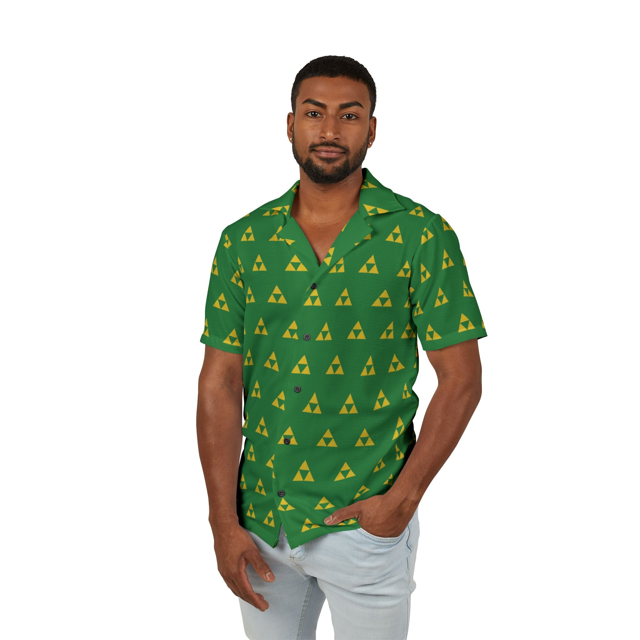 Green with Yellow Hawaiian Camp Shirt — Retro Gamer Aloha Button-Up