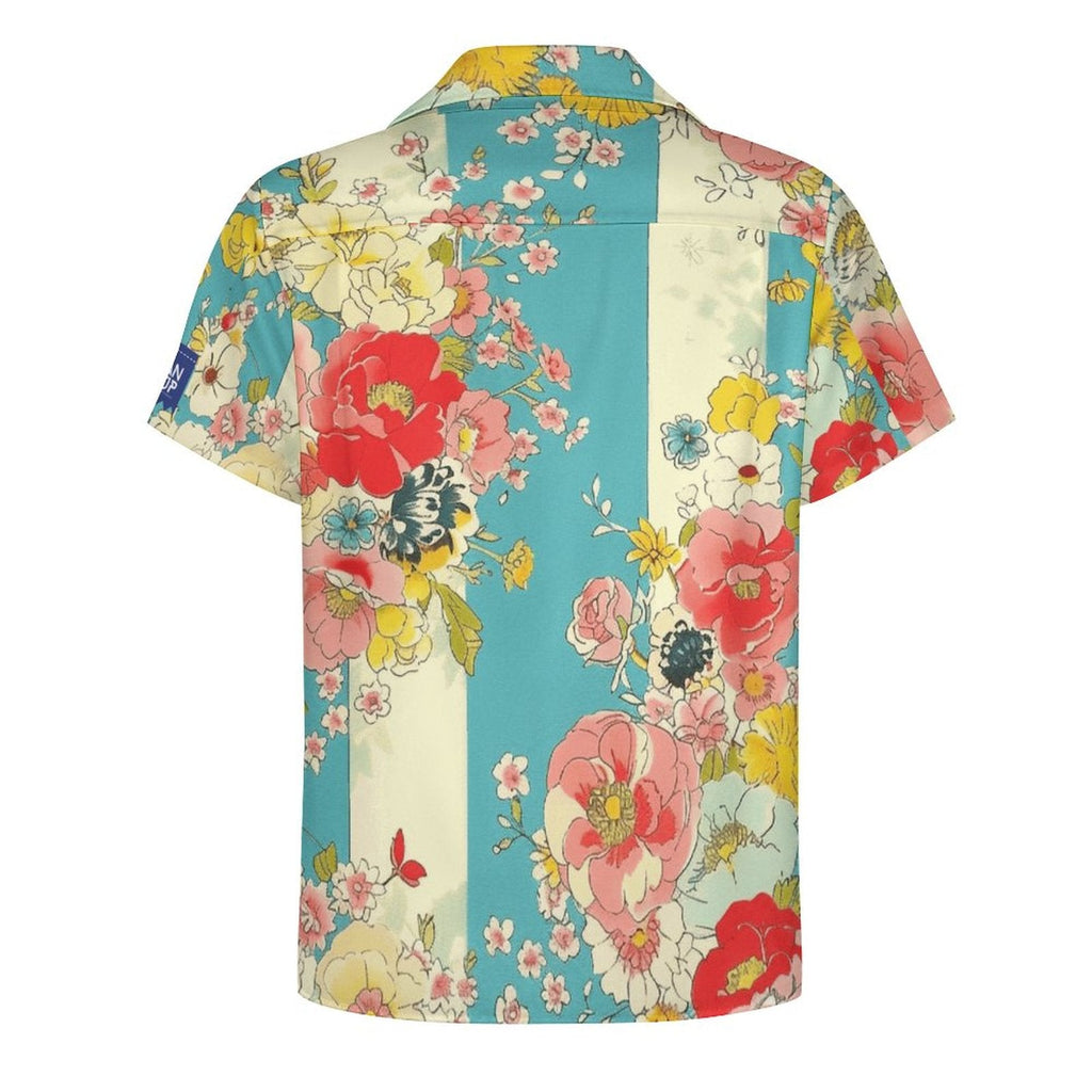 Cool Dad Collection: Men's Multicolor Floral Short Sleeve Button Down Shirt with Cuban Collar