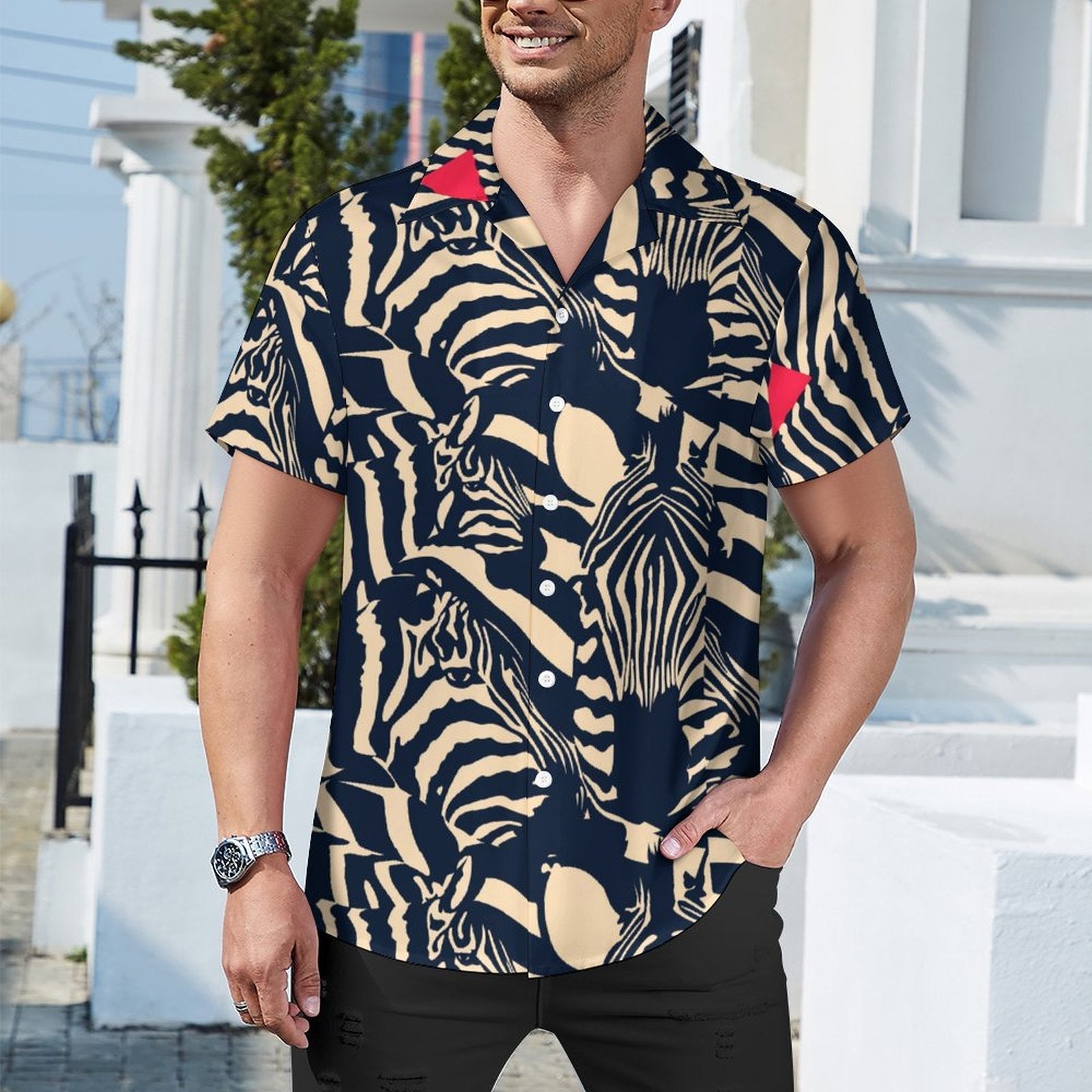 Cool Dad Collection: Men’s Zebra Short Sleeve Button Down Shirt with Cuban Collar