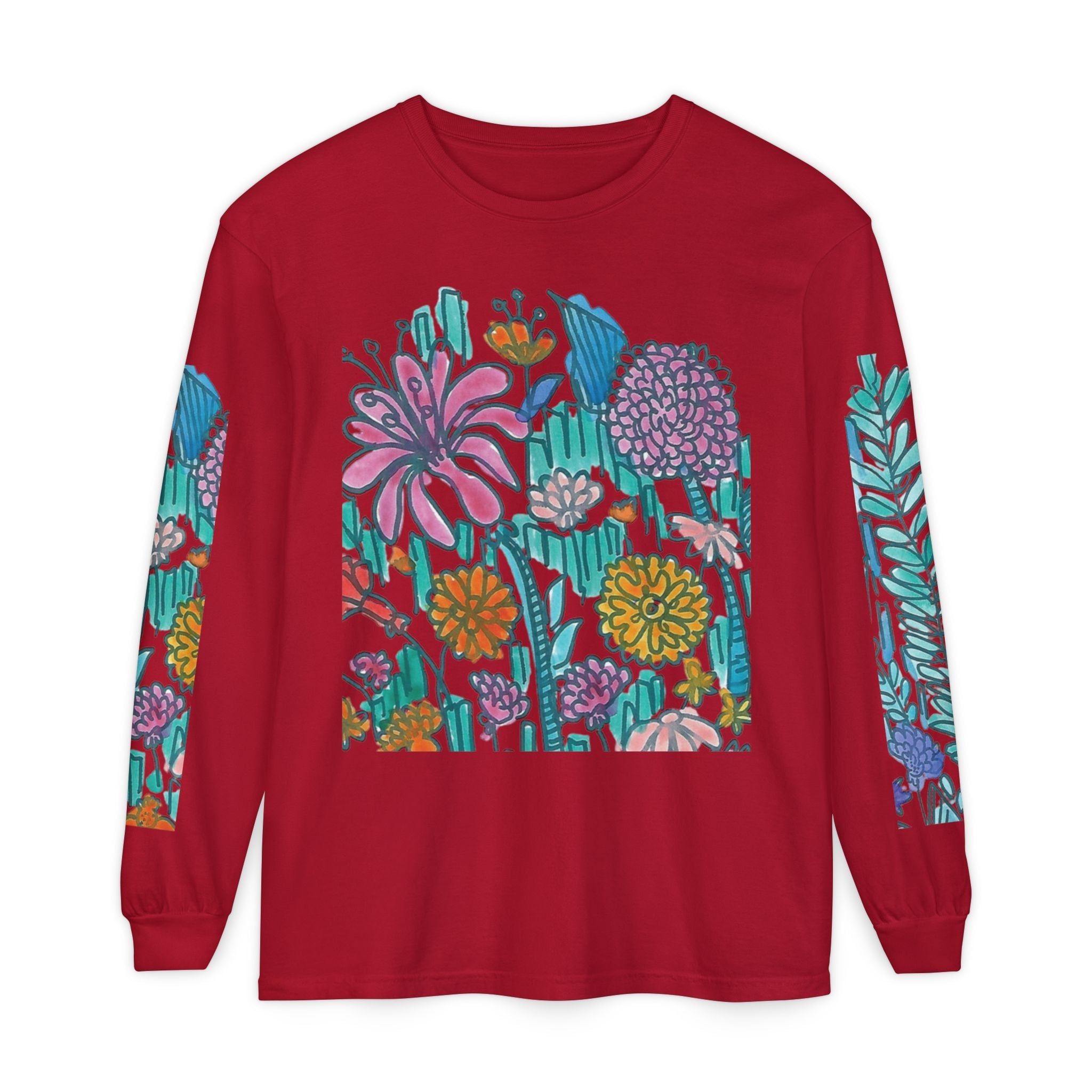 Floral Garden Long Sleeve Shirt — Colorful Botanical Sleeve & Chest Print