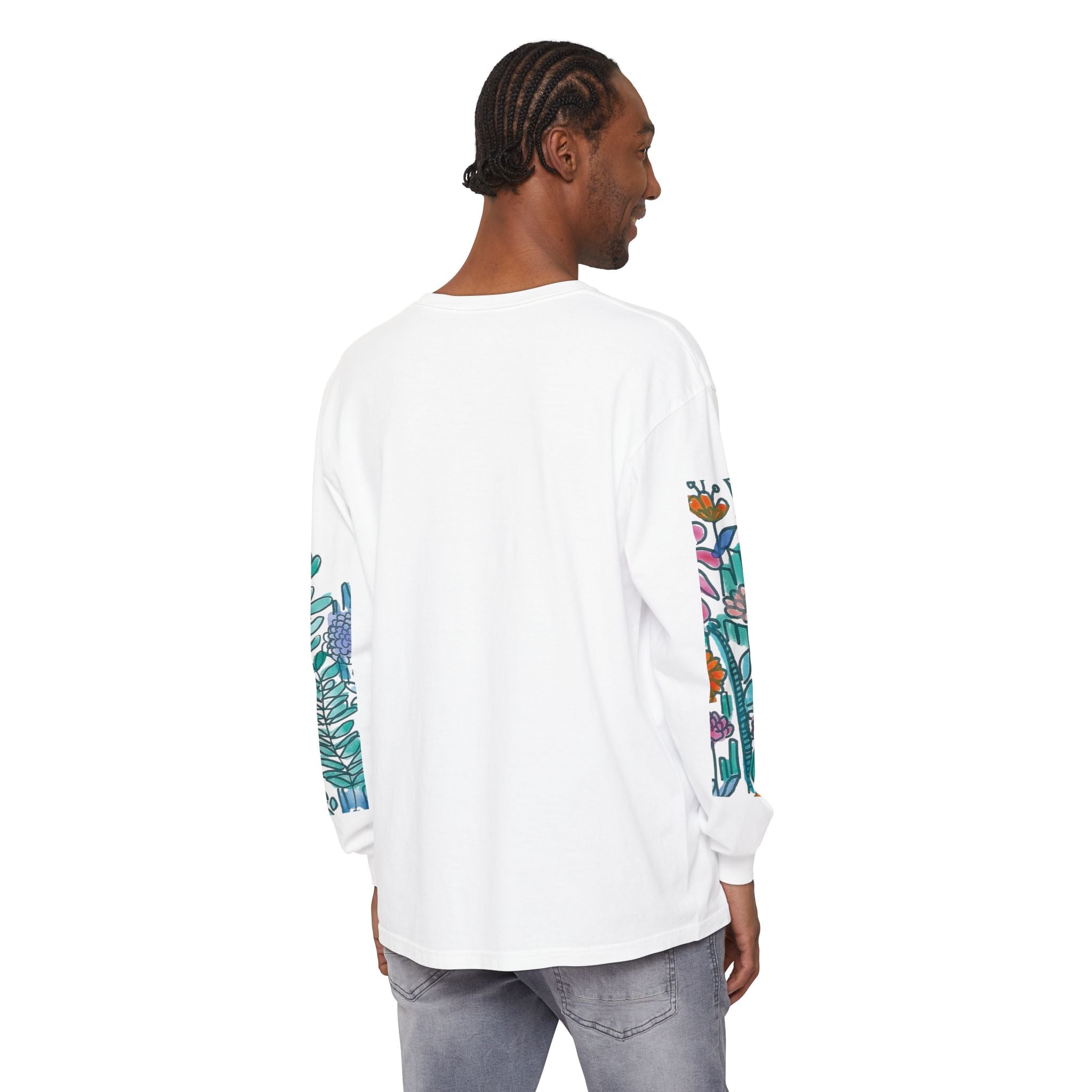Floral Garden Long Sleeve Shirt — Colorful Botanical Sleeve & Chest Print