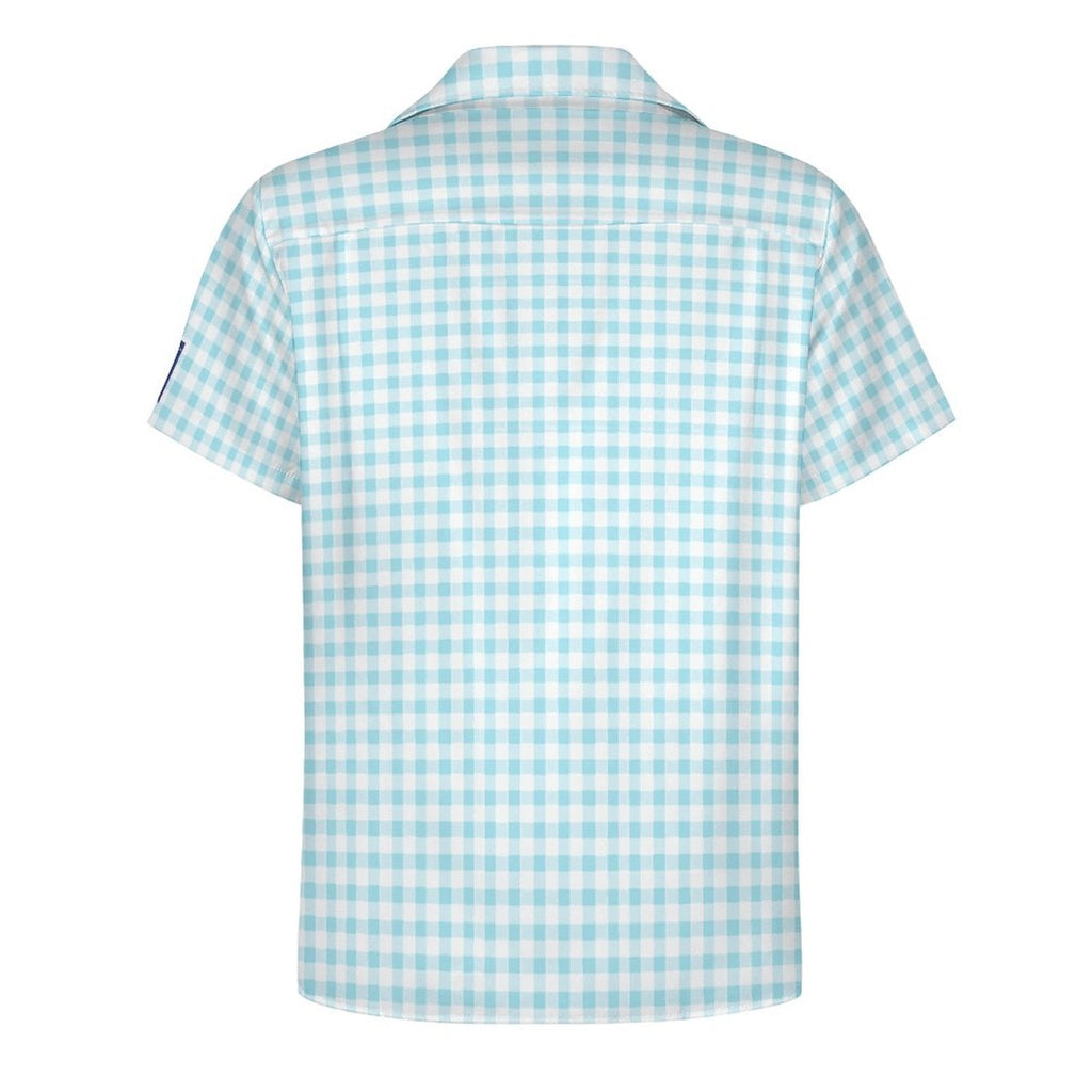 Cool Dad Collection: Men’s Light Blue Checkered Short Sleeve Button Down Shirt with Cuban Collar