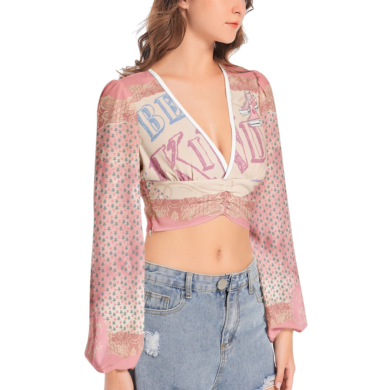 Women's Deep V-Neck Lantern Sleeve Crop Top