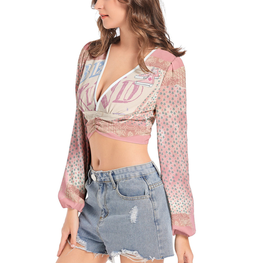 Women's Deep V-Neck Lantern Sleeve Crop Top