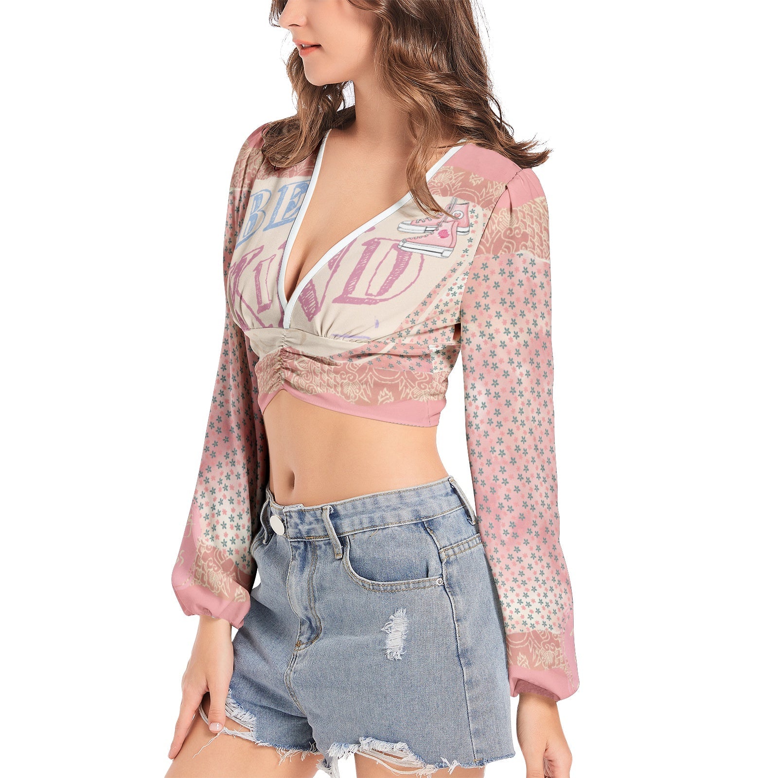 Women's Deep V-Neck Lantern Sleeve Crop Top