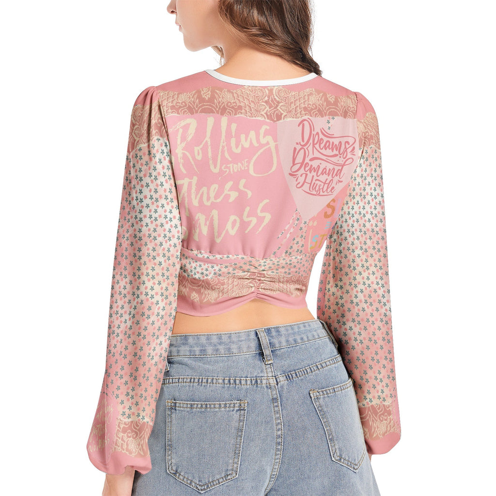 Women's Deep V-Neck Lantern Sleeve Crop Top
