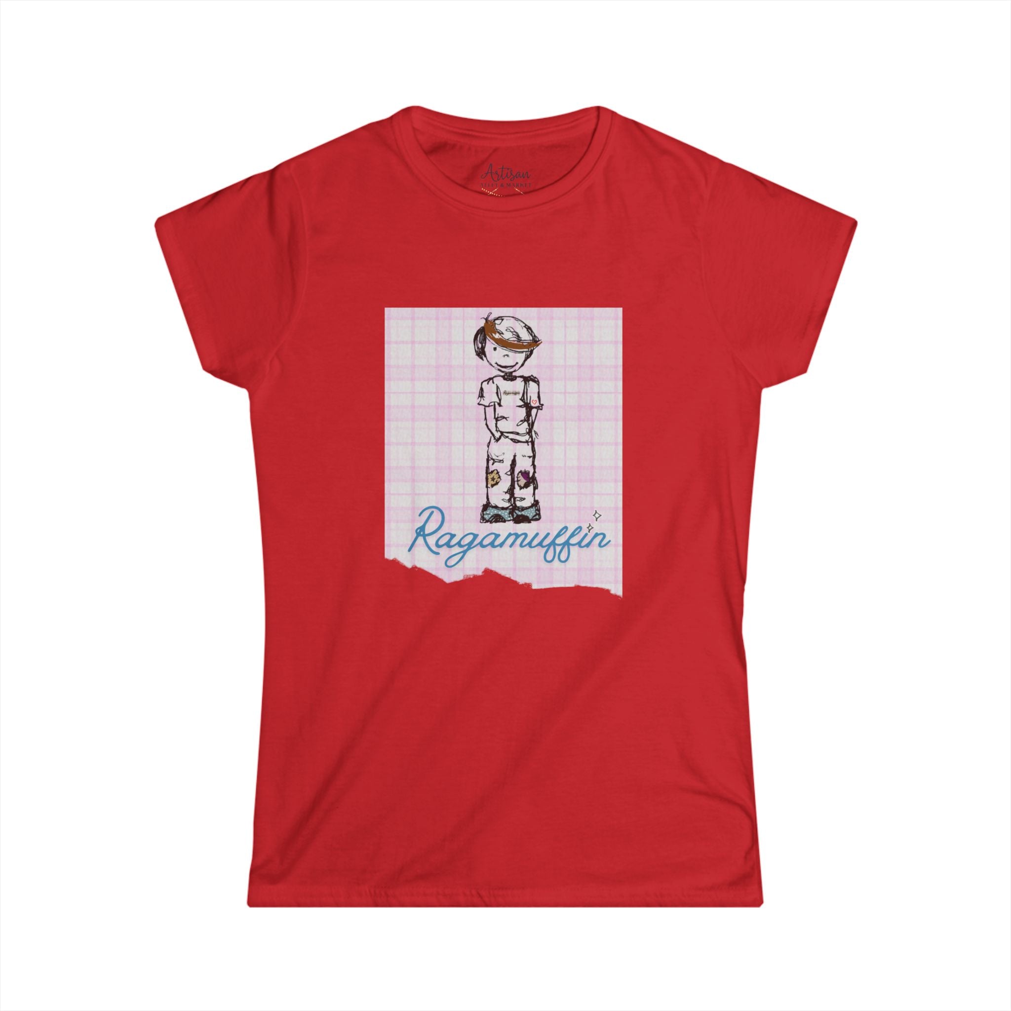 Ragamuffin Graphic Tee — Vintage Kid Illustration on Pink Plaid