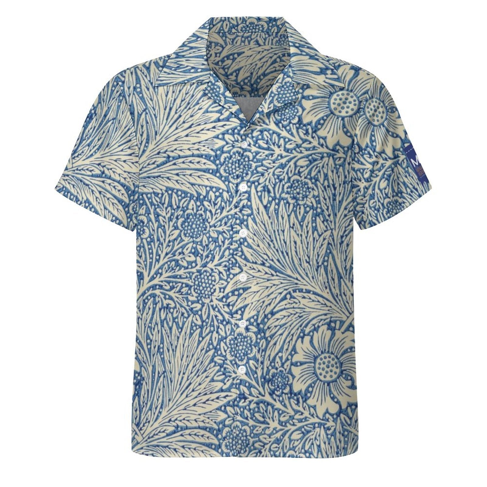Cool Dad Collection: Men’s Blue Floral Short Sleeve Button Down Shirt with Cuban Collar