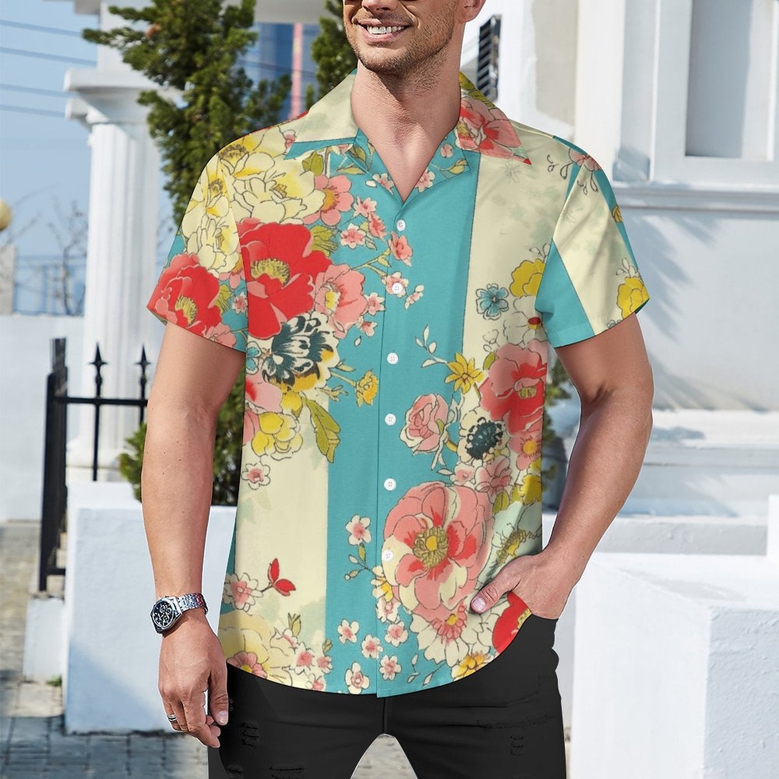 Cool Dad Collection: Men's Multicolor Floral Short Sleeve Button Down Shirt with Cuban Collar