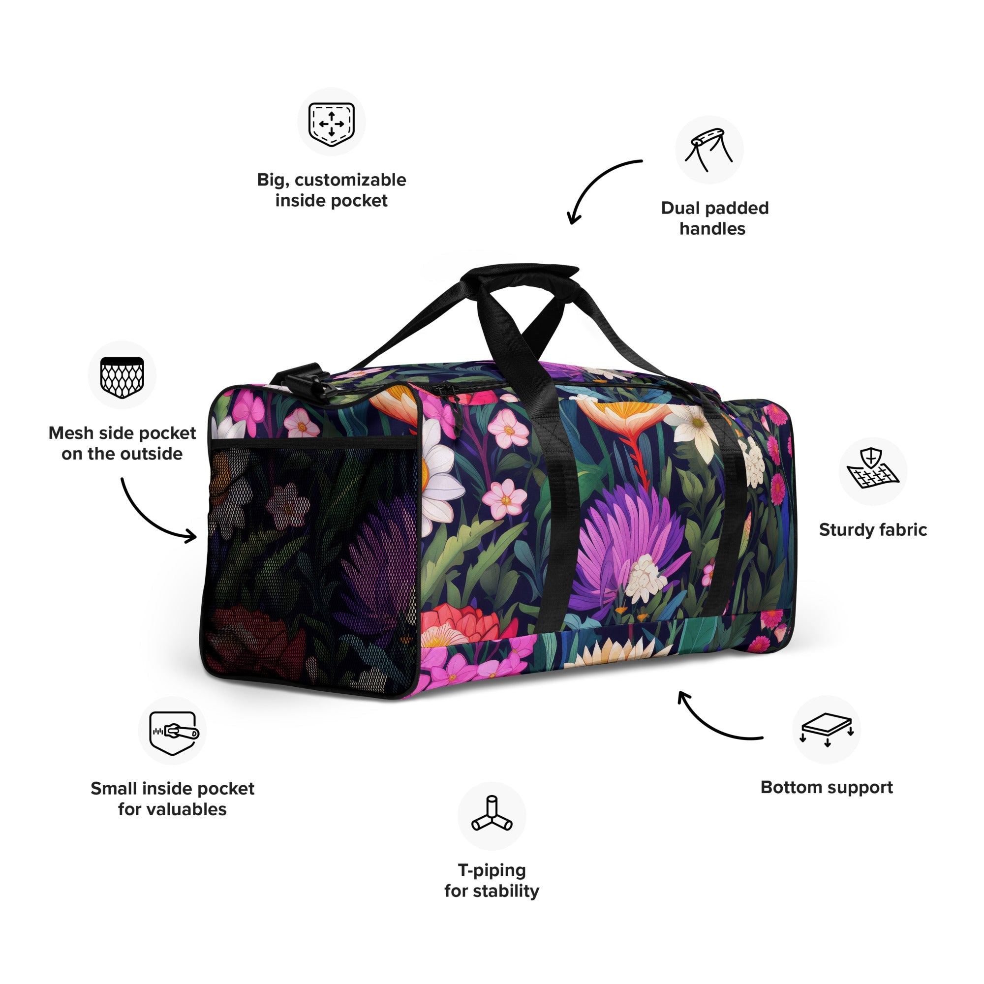 Floral Duffle Bag, Flower Lover Gym Bag, Botanical Travel Bag, Flower Enthusiast Bag, Blossom Duffle, Lovely Bloom Carryall, Spring Inspired Luggage