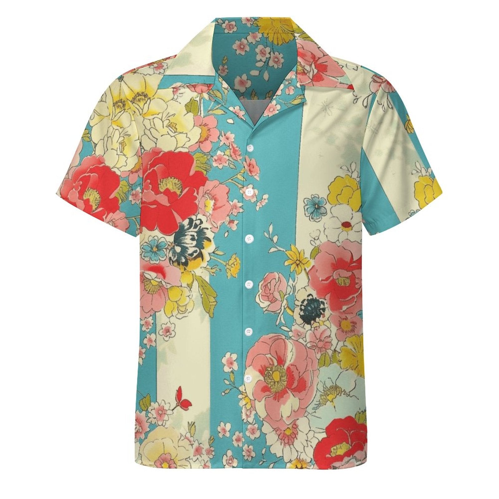 Cool Dad Collection: Men's Multicolor Floral Short Sleeve Button Down Shirt with Cuban Collar