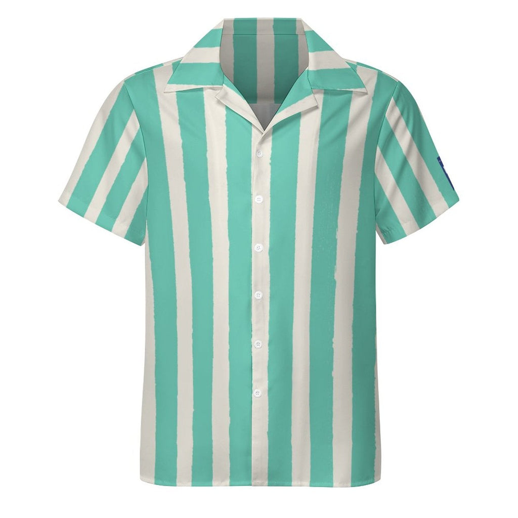 Cool Dad Collection: Men’s Teal Striped Short Sleeve Button Down Shirt with Cuban Collar
