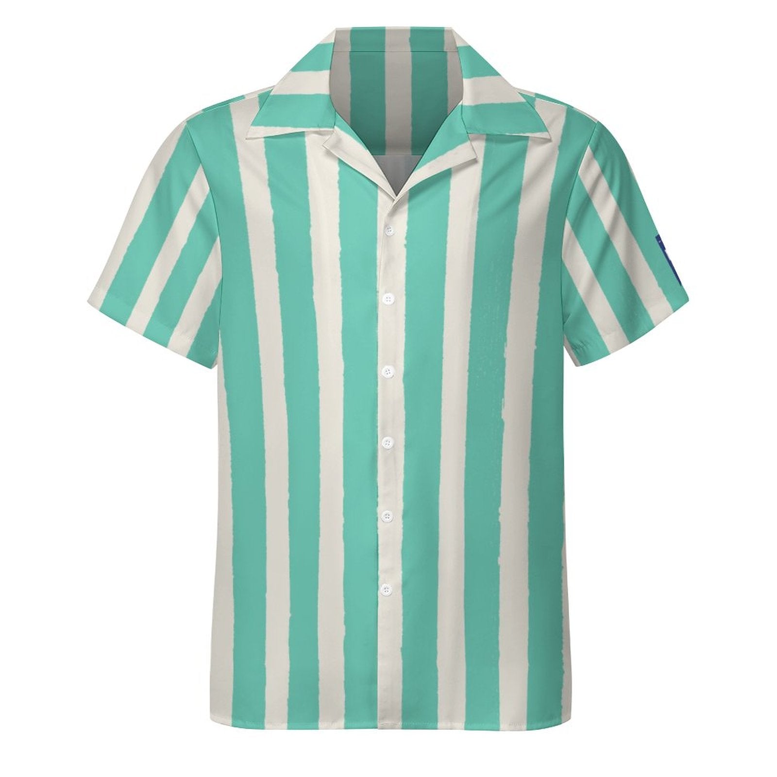 Cool Dad Collection: Men’s Teal Striped Short Sleeve Button Down Shirt with Cuban Collar