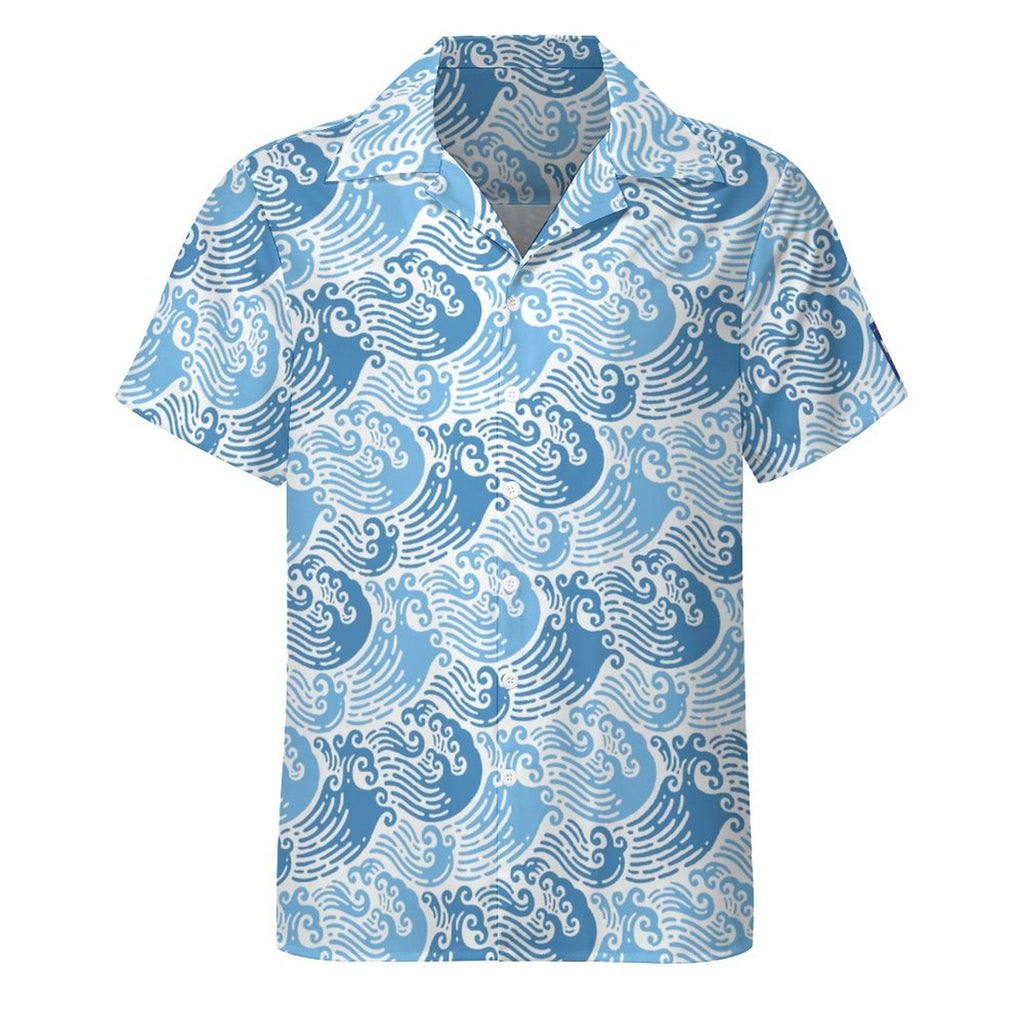 Cool Dad Collection: Men’s Blue Waves 2 Short Sleeve Button Down Shirt with Cuban Collar