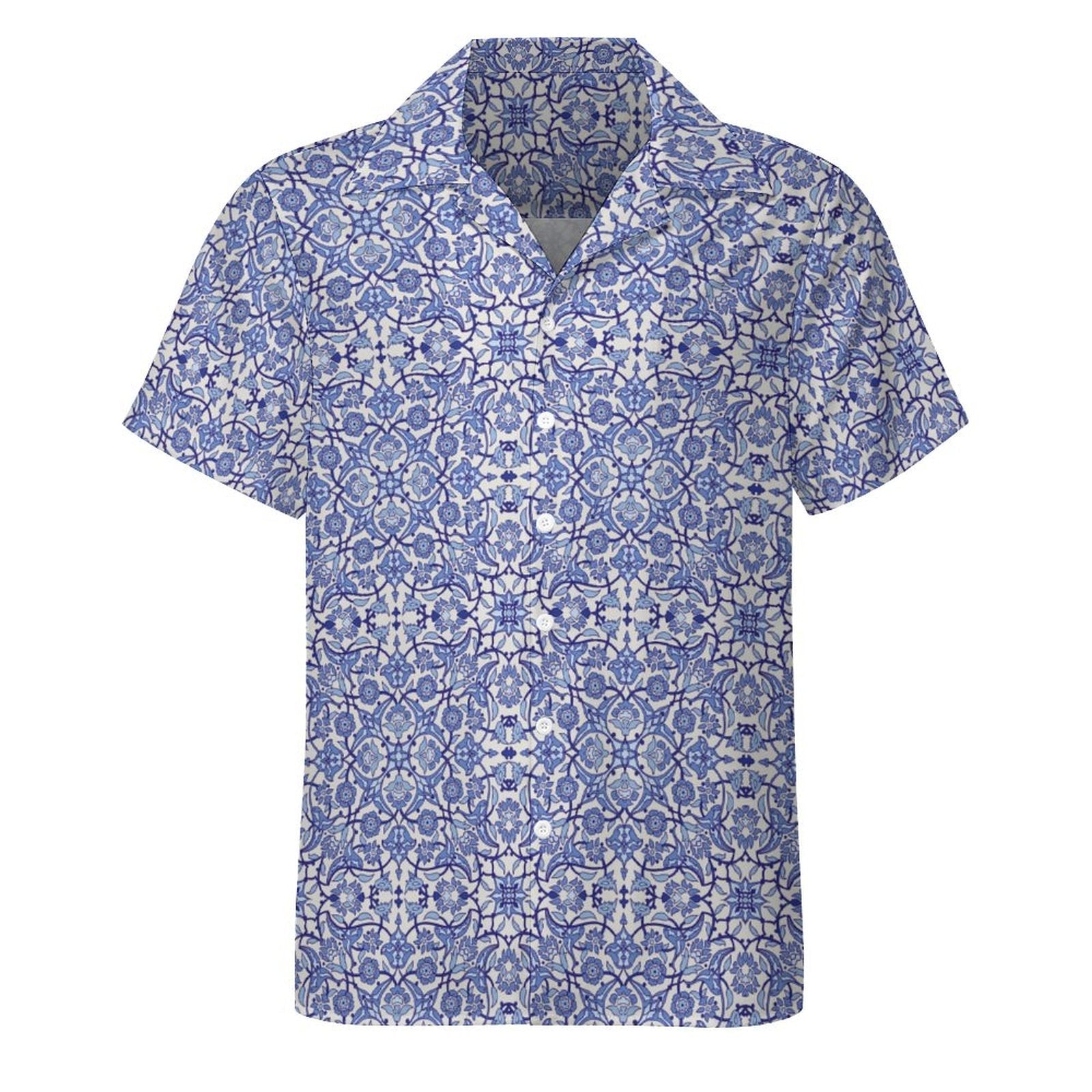 Cool Dad Collection: Men's Blue Kaleidoscope Short Sleeve Button Down Shirt with Cuban Collar